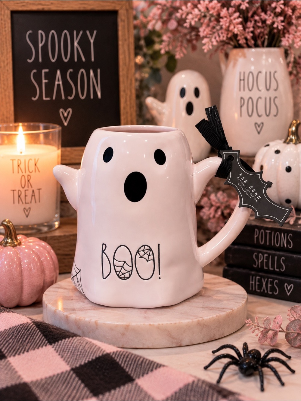 Rae Dunn BOO Ghost Mug Pink Halloween Artisan Collection NWT
